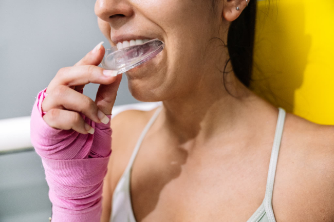 スポーツ用マウスピースを装着する女性